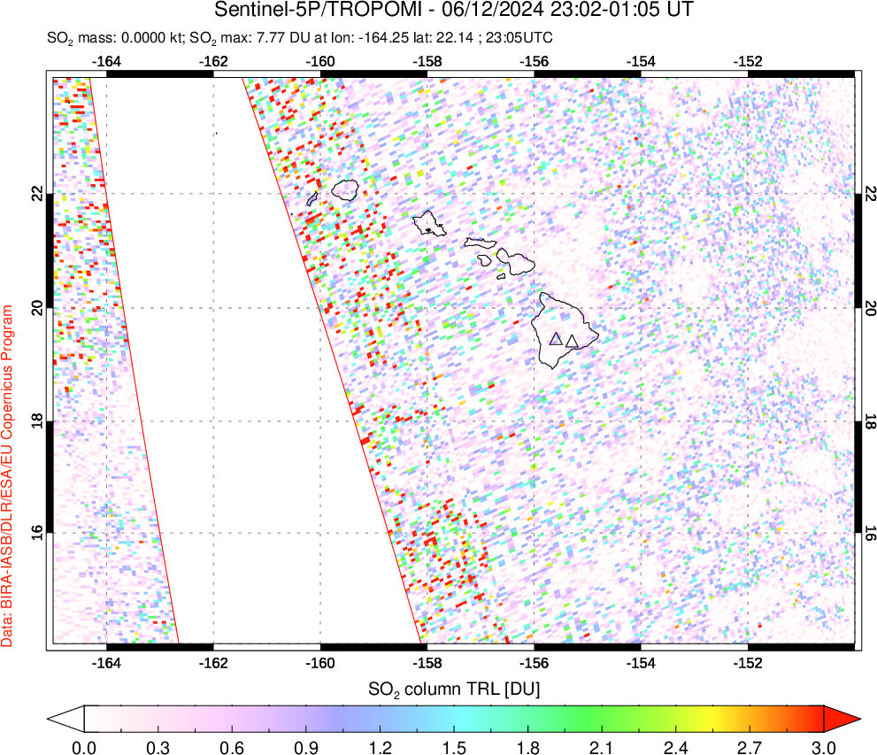 A sulfur dioxide image over Hawaii, USA on Jun 12, 2024.