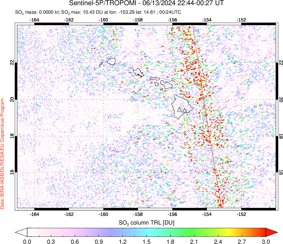 A sulfur dioxide image over Hawaii, USA on Jun 13, 2024.