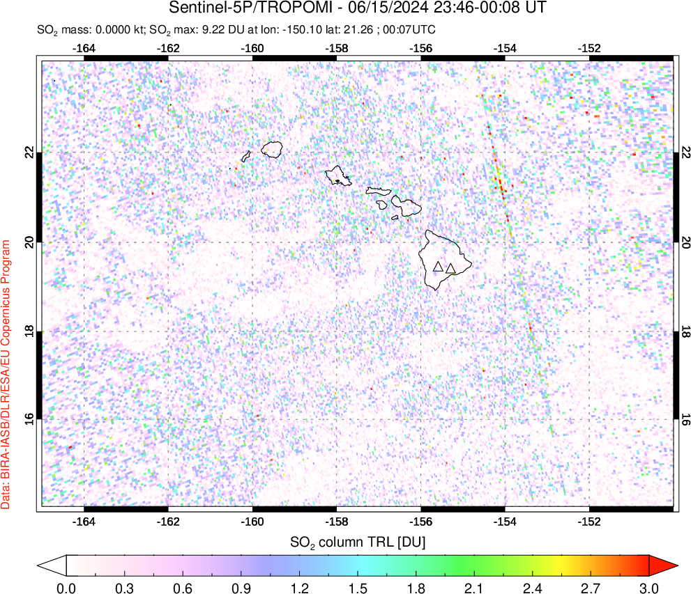 A sulfur dioxide image over Hawaii, USA on Jun 15, 2024.