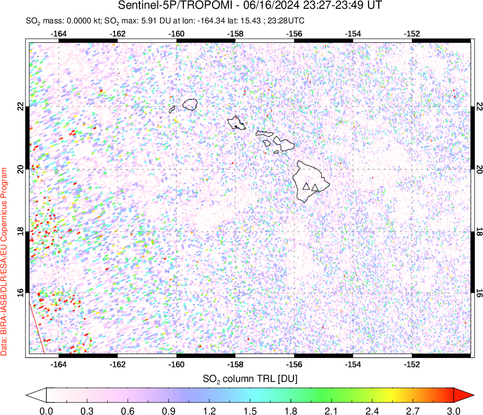 A sulfur dioxide image over Hawaii, USA on Jun 16, 2024.