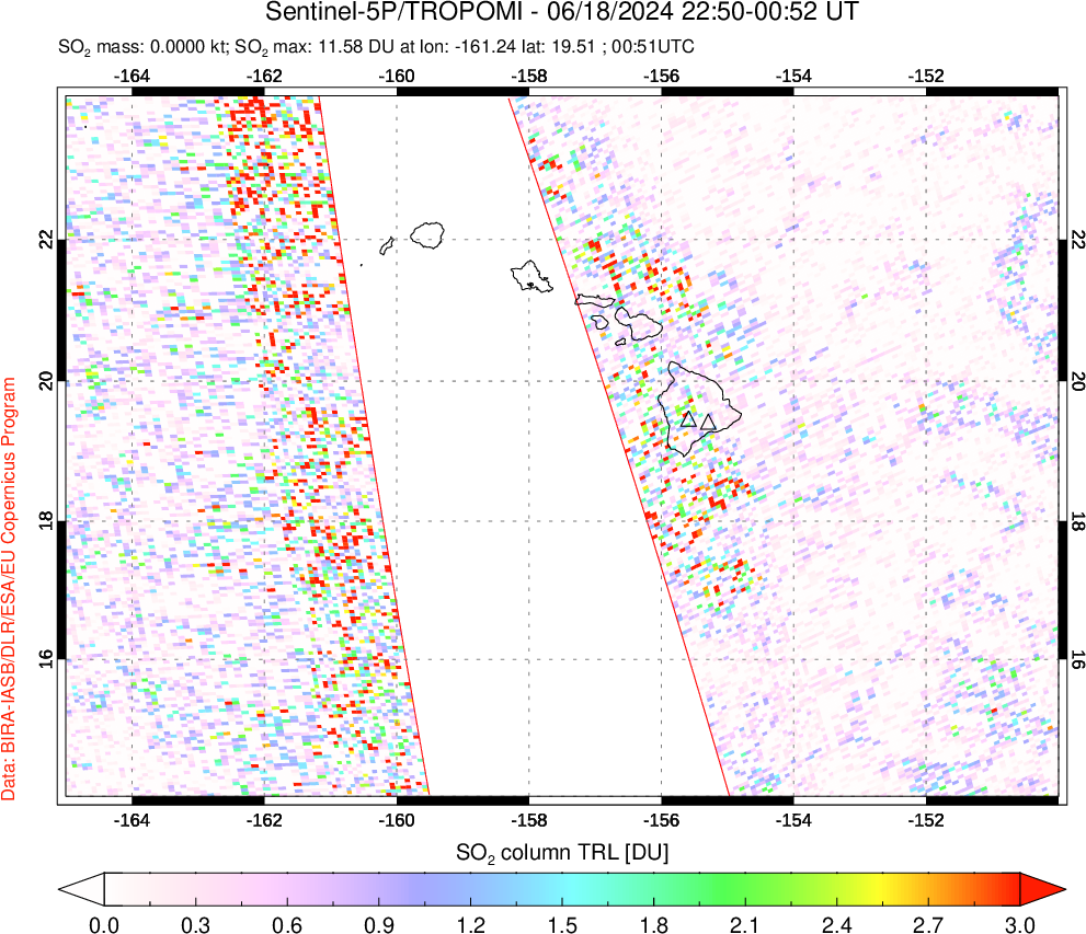 A sulfur dioxide image over Hawaii, USA on Jun 18, 2024.