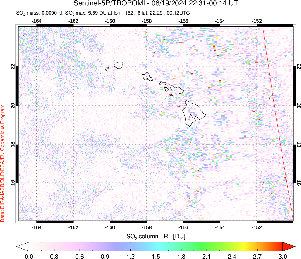 A sulfur dioxide image over Hawaii, USA on Jun 19, 2024.