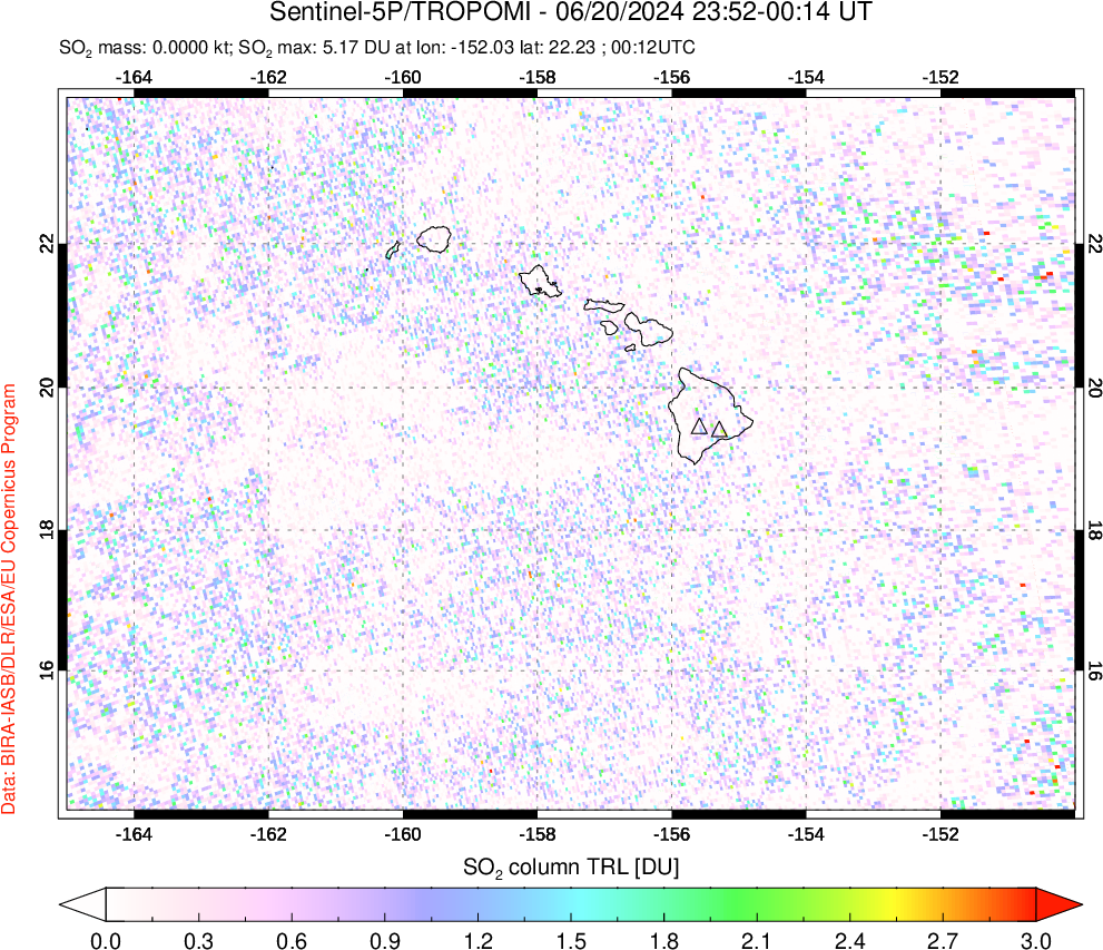 A sulfur dioxide image over Hawaii, USA on Jun 20, 2024.