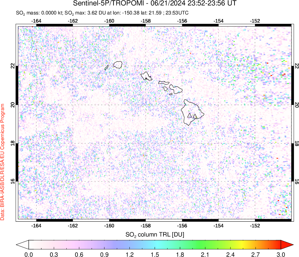 A sulfur dioxide image over Hawaii, USA on Jun 21, 2024.