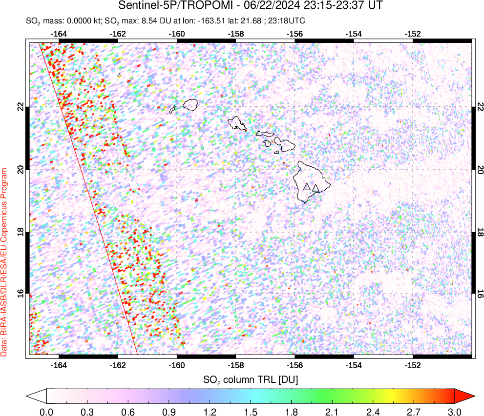 A sulfur dioxide image over Hawaii, USA on Jun 22, 2024.