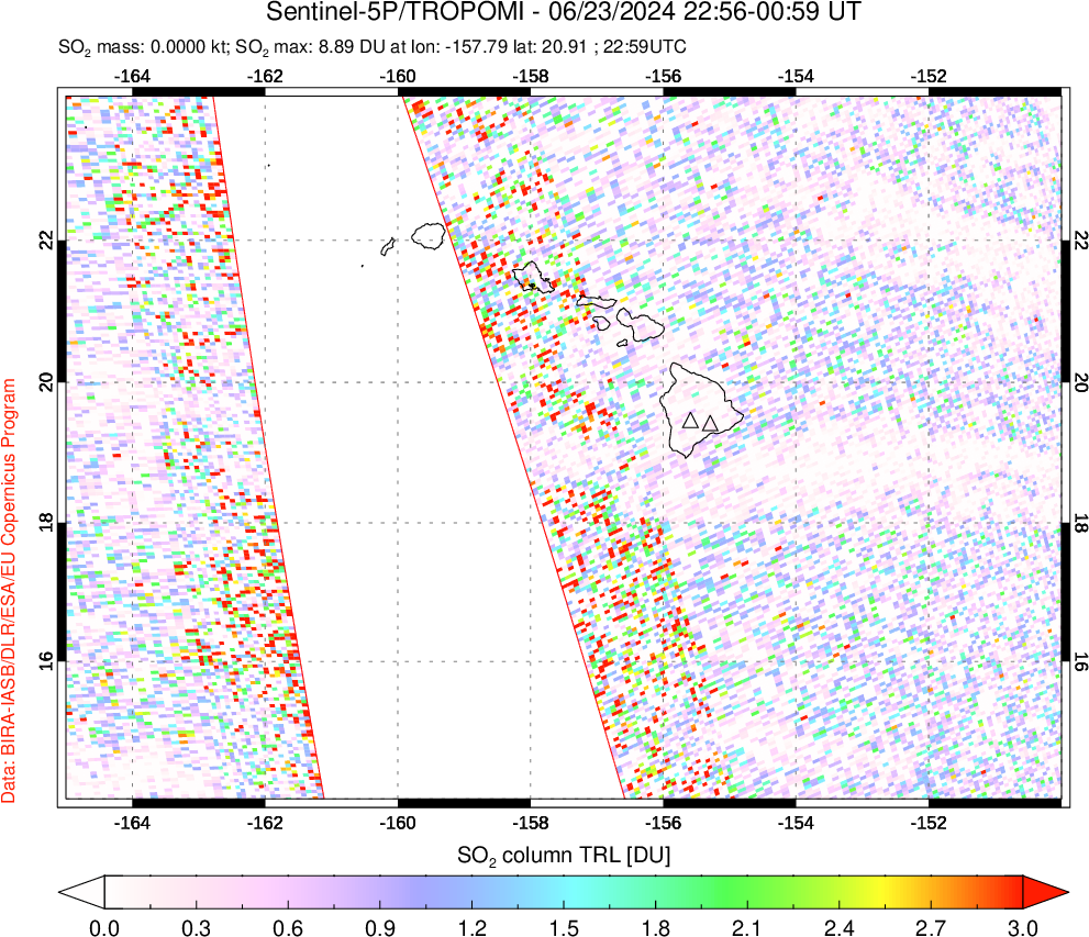 A sulfur dioxide image over Hawaii, USA on Jun 23, 2024.