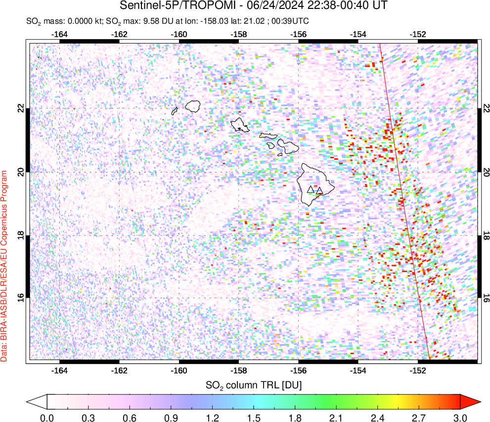 A sulfur dioxide image over Hawaii, USA on Jun 24, 2024.