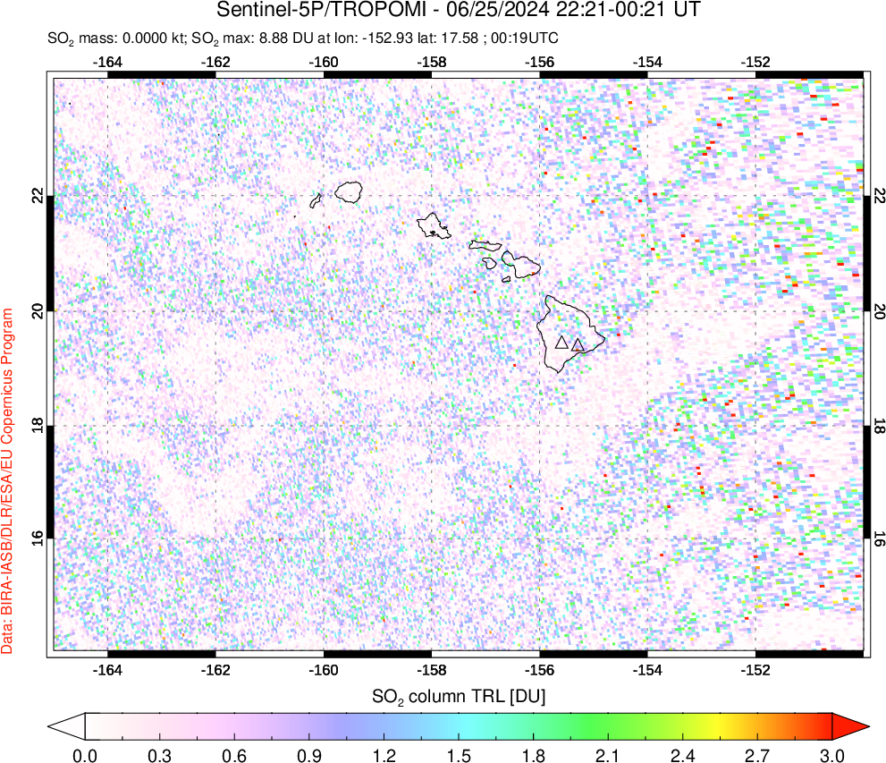 A sulfur dioxide image over Hawaii, USA on Jun 25, 2024.