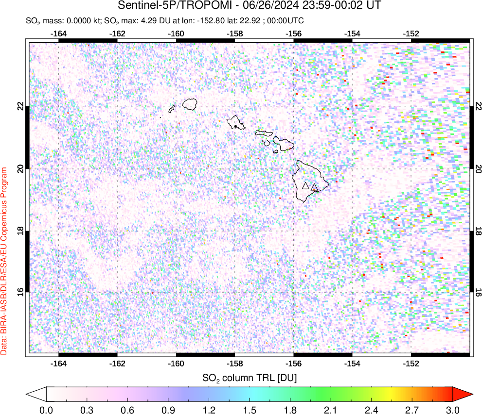 A sulfur dioxide image over Hawaii, USA on Jun 26, 2024.