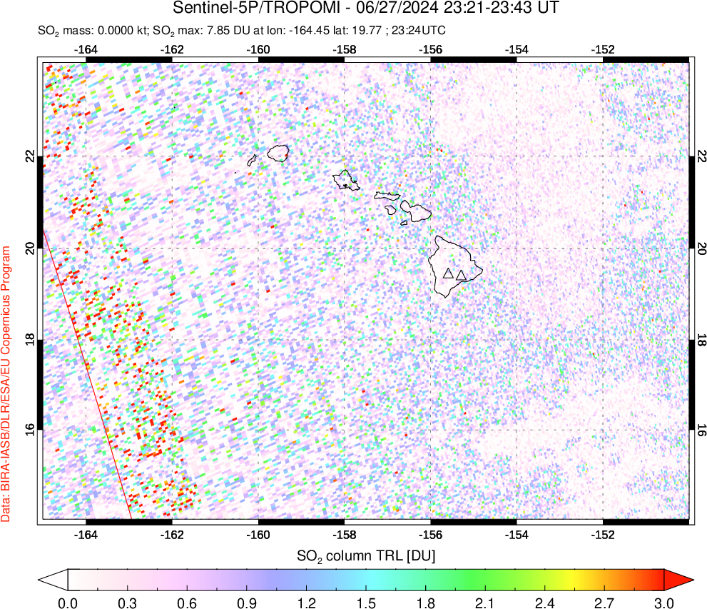 A sulfur dioxide image over Hawaii, USA on Jun 27, 2024.