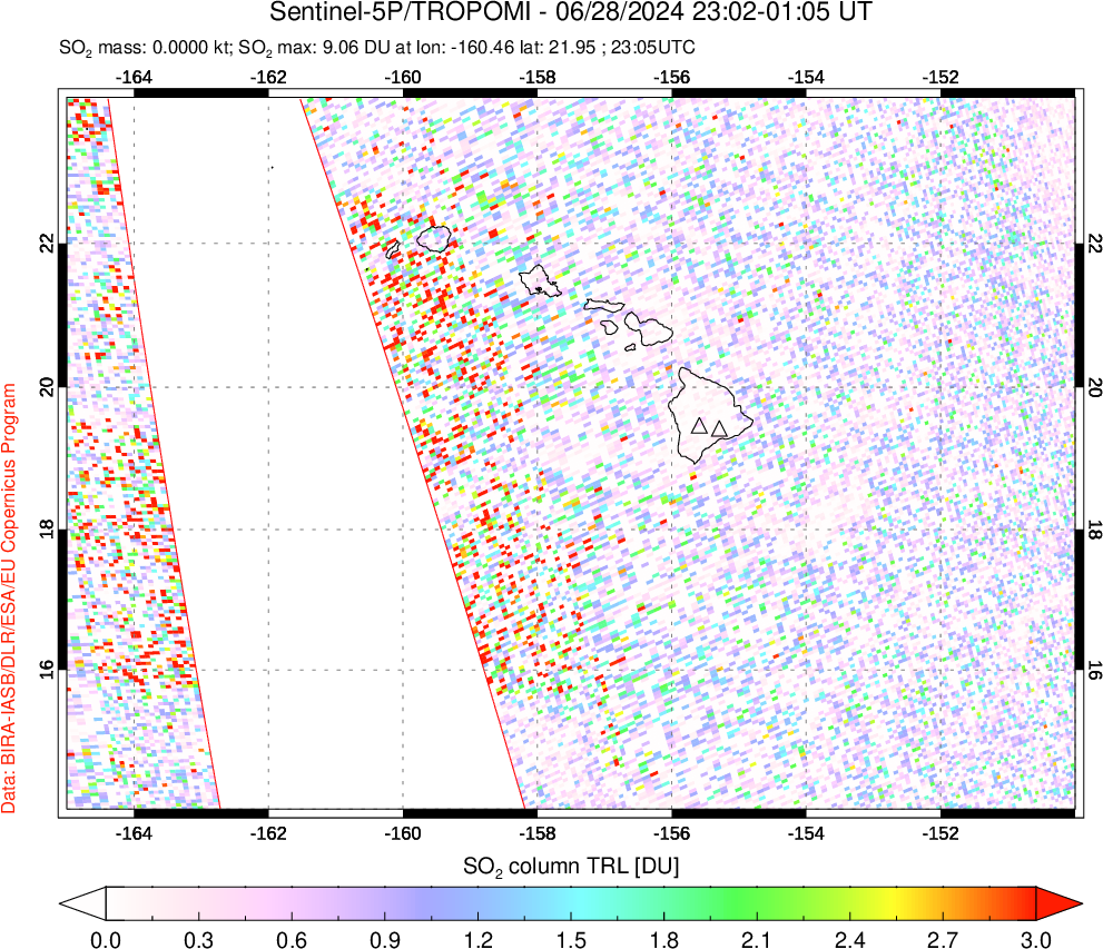 A sulfur dioxide image over Hawaii, USA on Jun 28, 2024.