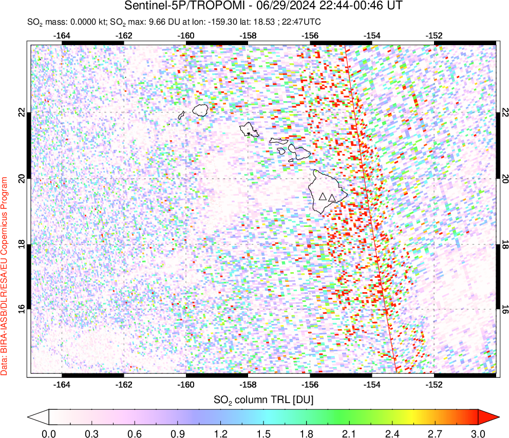 A sulfur dioxide image over Hawaii, USA on Jun 29, 2024.