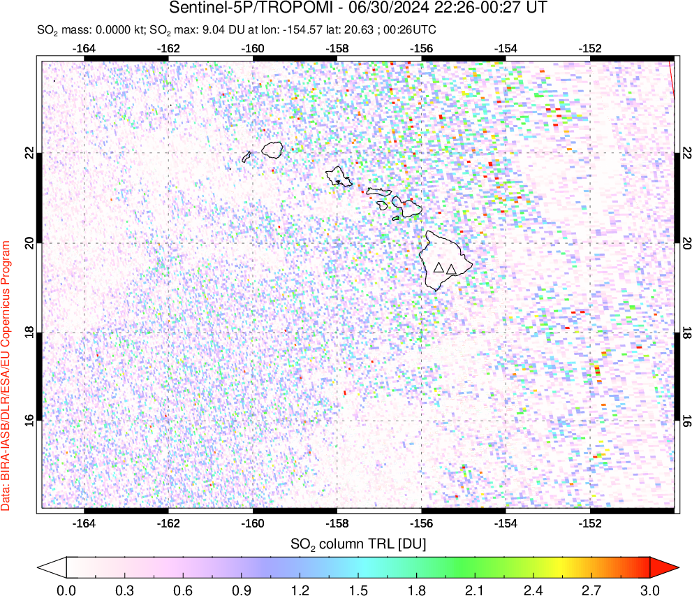 A sulfur dioxide image over Hawaii, USA on Jun 30, 2024.