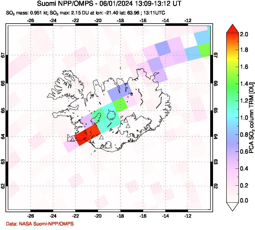 A sulfur dioxide image over Iceland on Jun 01, 2024.