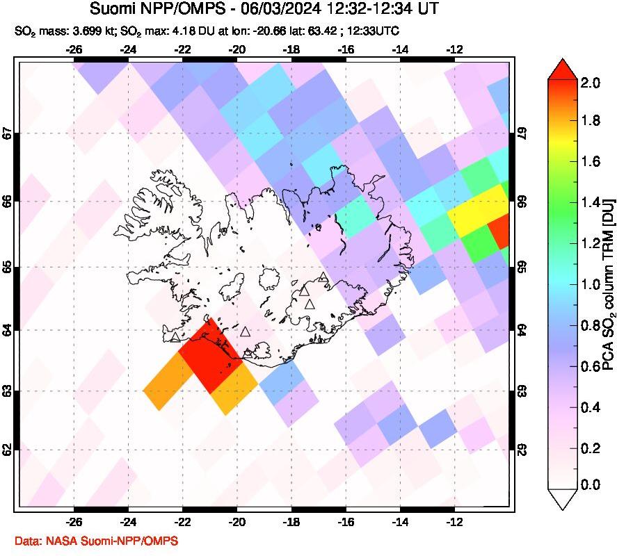 A sulfur dioxide image over Iceland on Jun 03, 2024.