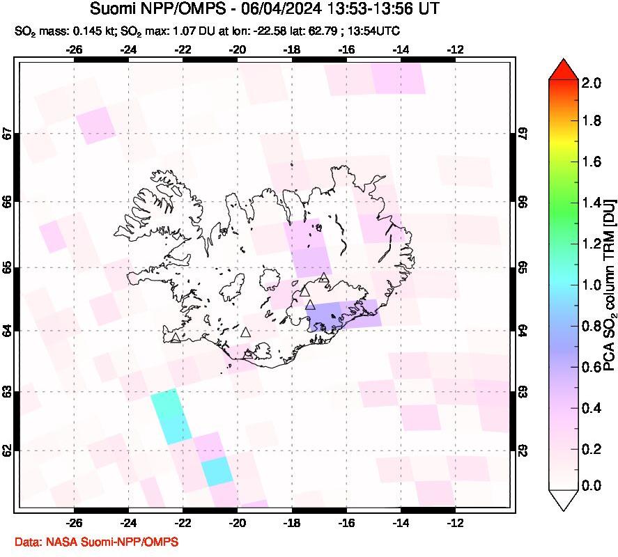 A sulfur dioxide image over Iceland on Jun 04, 2024.