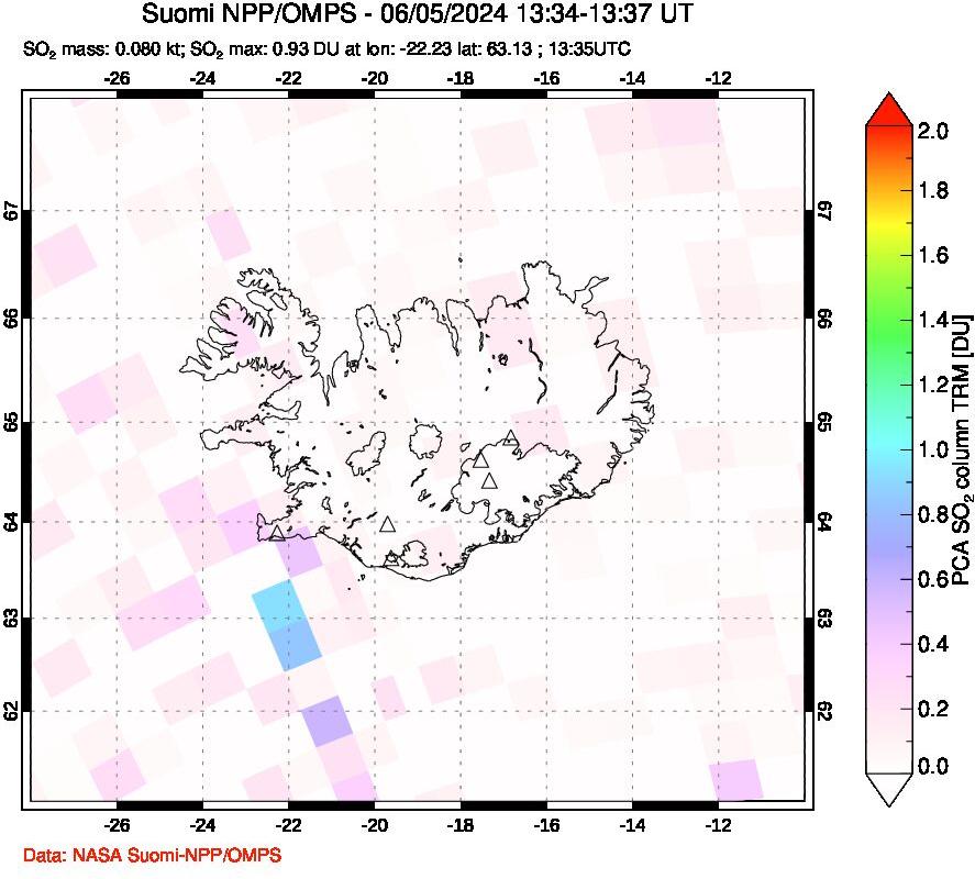 A sulfur dioxide image over Iceland on Jun 05, 2024.