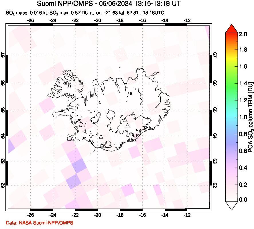 A sulfur dioxide image over Iceland on Jun 06, 2024.