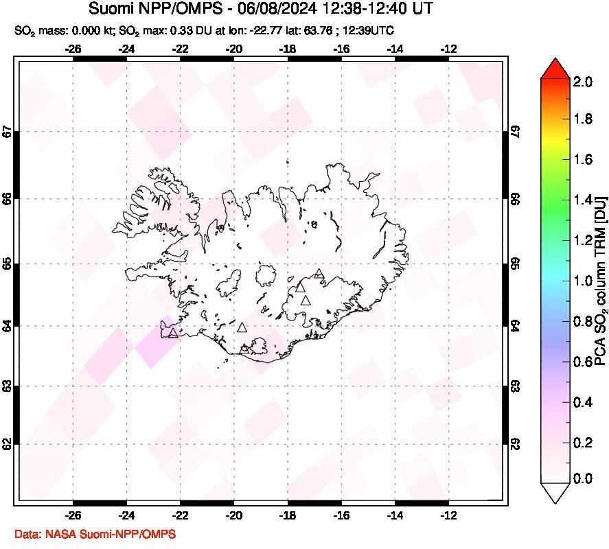 A sulfur dioxide image over Iceland on Jun 08, 2024.