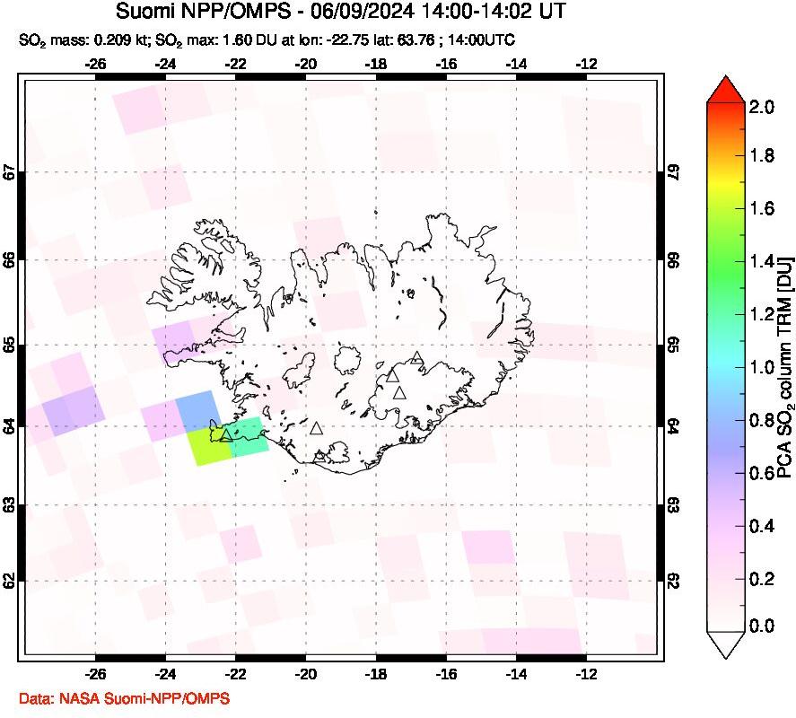 A sulfur dioxide image over Iceland on Jun 09, 2024.