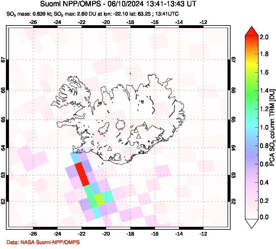 A sulfur dioxide image over Iceland on Jun 10, 2024.