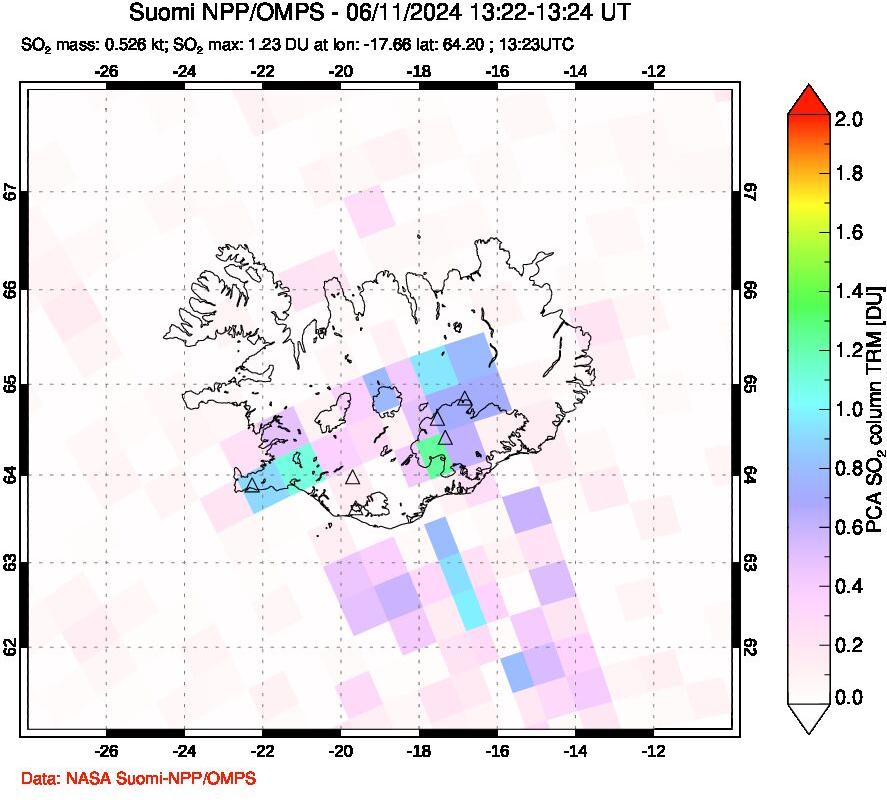 A sulfur dioxide image over Iceland on Jun 11, 2024.