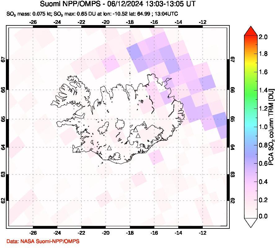 A sulfur dioxide image over Iceland on Jun 12, 2024.