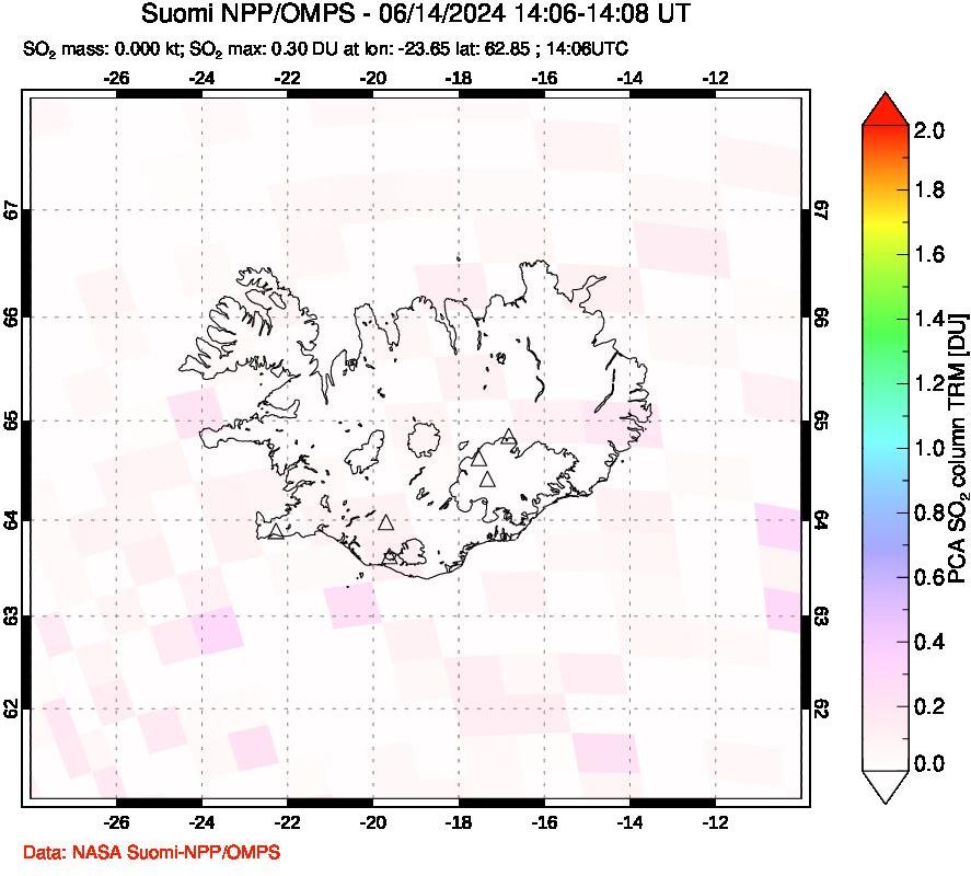 A sulfur dioxide image over Iceland on Jun 14, 2024.