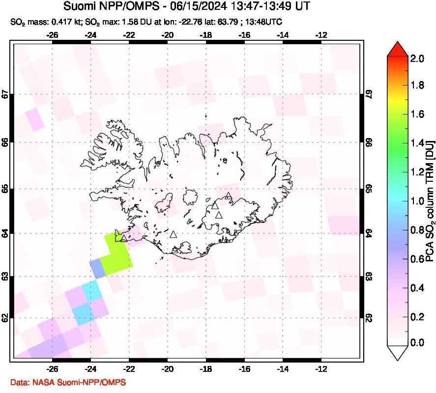 A sulfur dioxide image over Iceland on Jun 15, 2024.