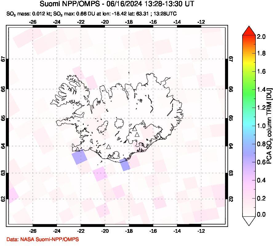 A sulfur dioxide image over Iceland on Jun 16, 2024.