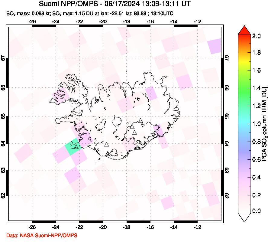 A sulfur dioxide image over Iceland on Jun 17, 2024.