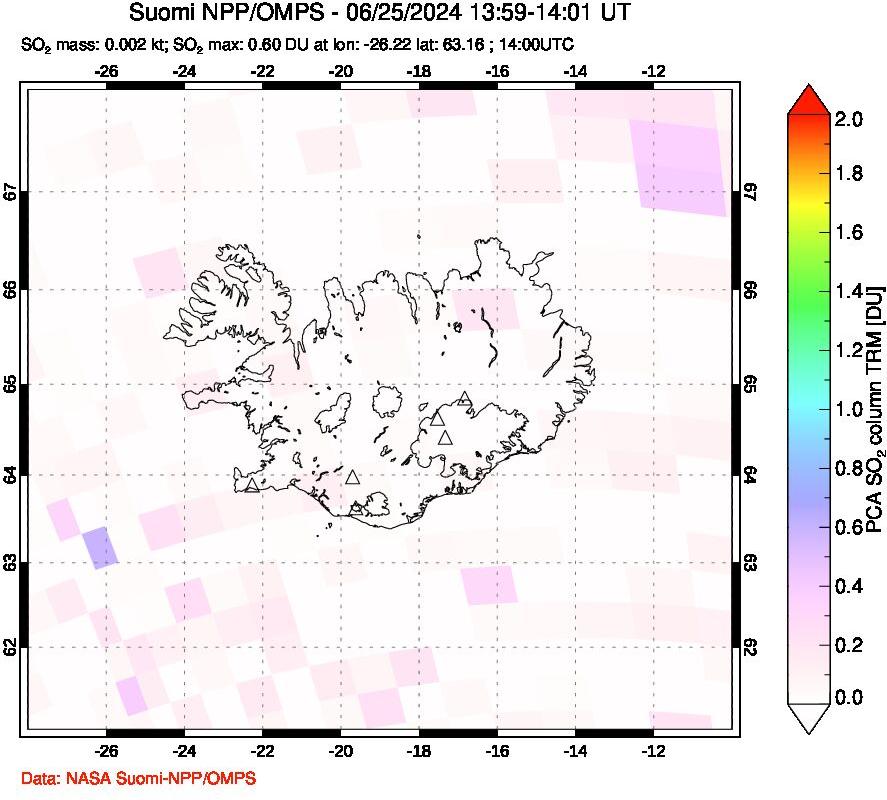 A sulfur dioxide image over Iceland on Jun 25, 2024.