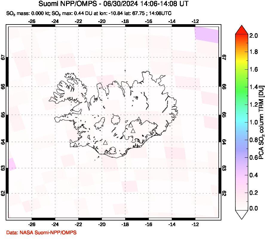 A sulfur dioxide image over Iceland on Jun 30, 2024.