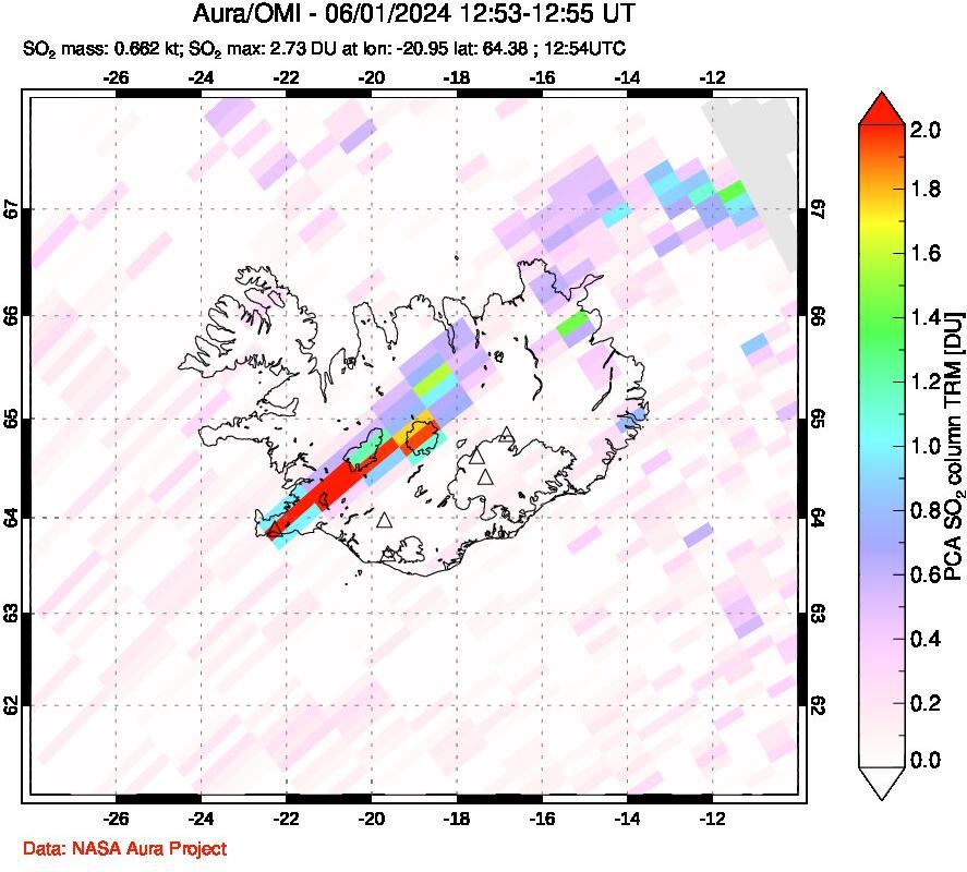 A sulfur dioxide image over Iceland on Jun 01, 2024.