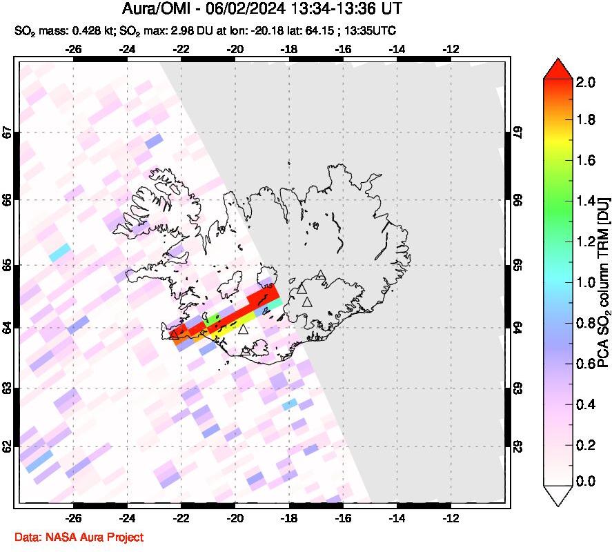 A sulfur dioxide image over Iceland on Jun 02, 2024.