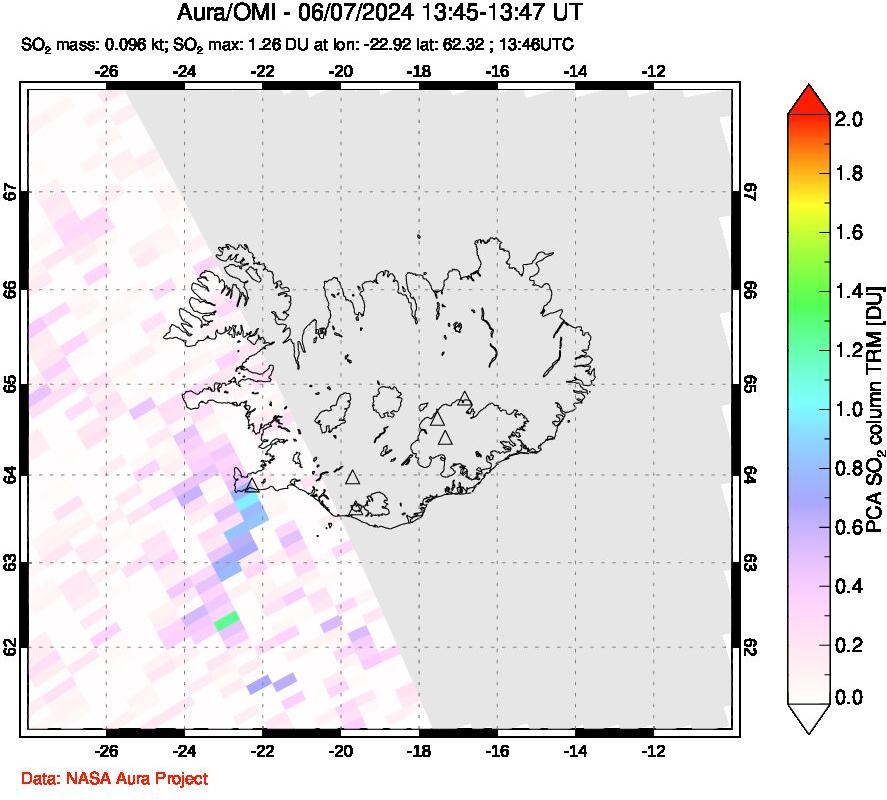 A sulfur dioxide image over Iceland on Jun 07, 2024.