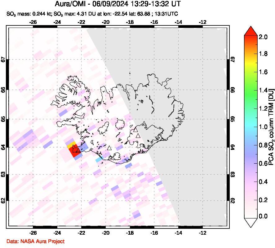 A sulfur dioxide image over Iceland on Jun 09, 2024.