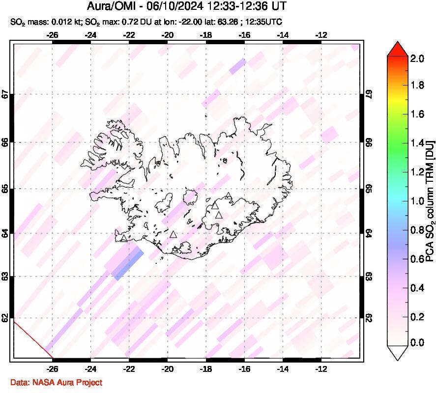 A sulfur dioxide image over Iceland on Jun 10, 2024.