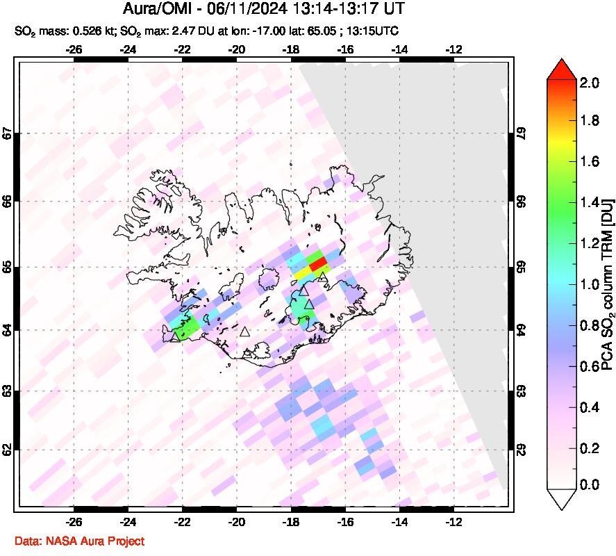 A sulfur dioxide image over Iceland on Jun 11, 2024.