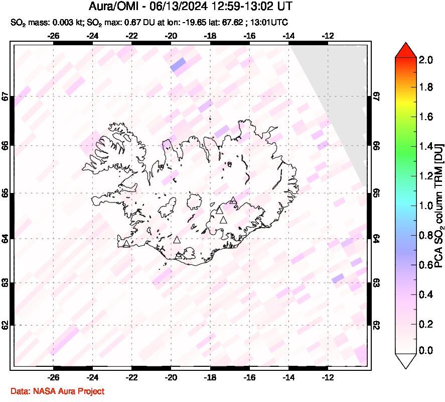 A sulfur dioxide image over Iceland on Jun 13, 2024.