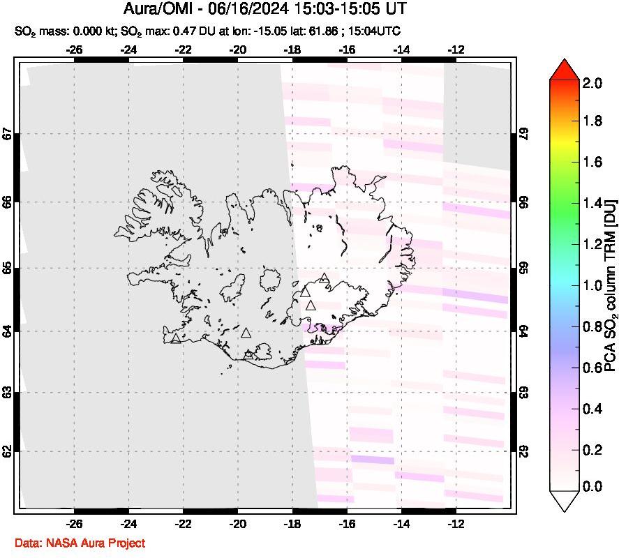 A sulfur dioxide image over Iceland on Jun 16, 2024.