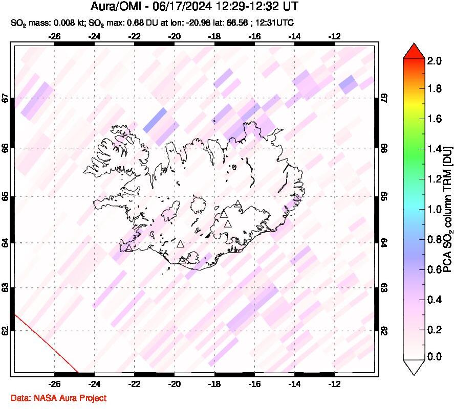 A sulfur dioxide image over Iceland on Jun 17, 2024.