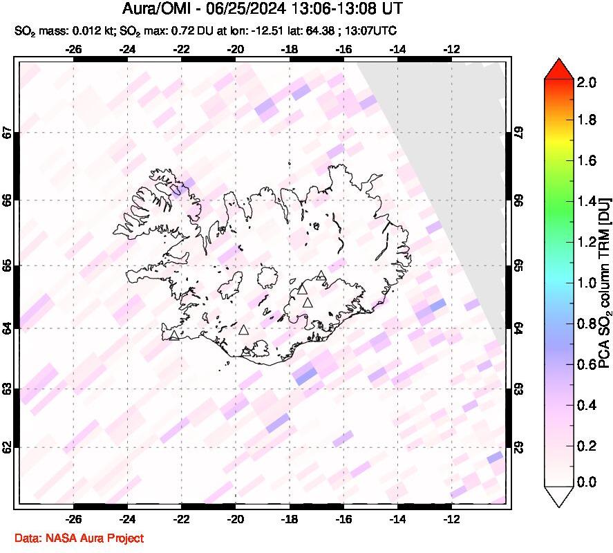 A sulfur dioxide image over Iceland on Jun 25, 2024.