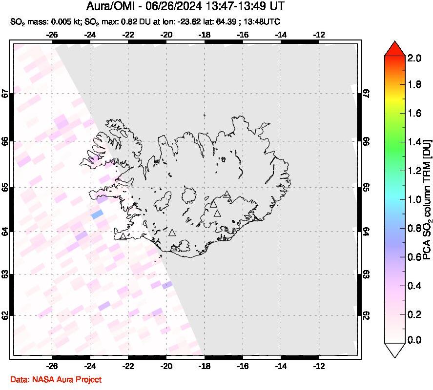 A sulfur dioxide image over Iceland on Jun 26, 2024.