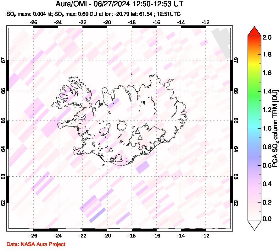 A sulfur dioxide image over Iceland on Jun 27, 2024.