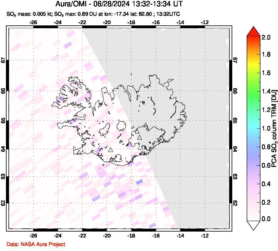 A sulfur dioxide image over Iceland on Jun 28, 2024.