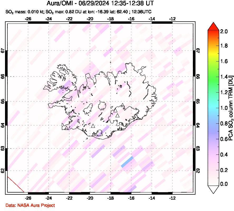 A sulfur dioxide image over Iceland on Jun 29, 2024.