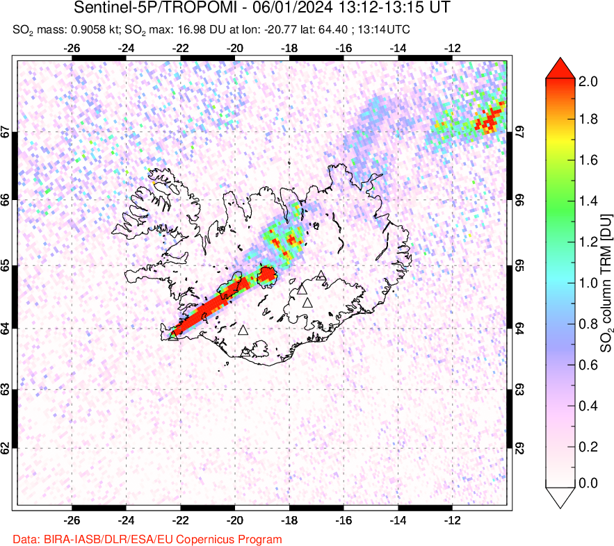 A sulfur dioxide image over Iceland on Jun 01, 2024.