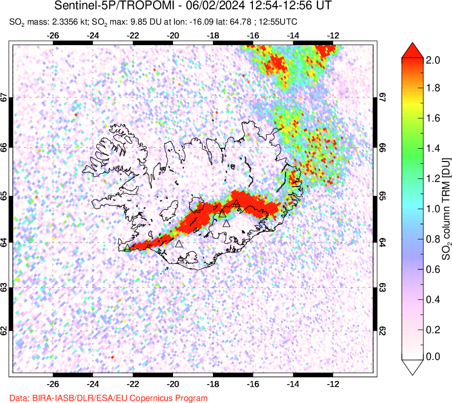 A sulfur dioxide image over Iceland on Jun 02, 2024.