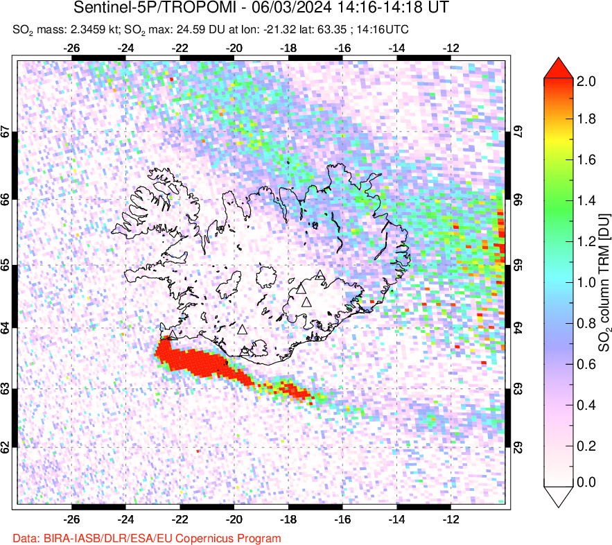 A sulfur dioxide image over Iceland on Jun 03, 2024.